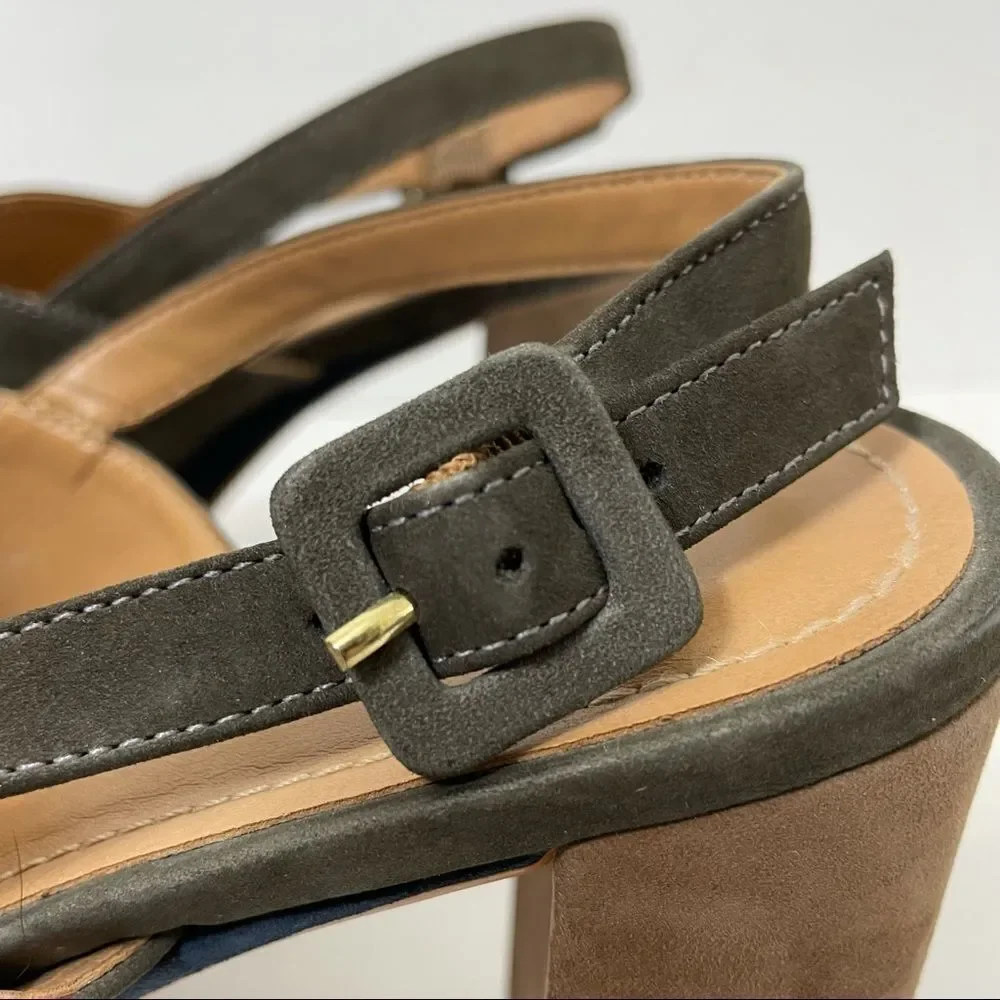 Klub Nico Gray Tan Navy Suede Chunky Heeled Platform Sandals